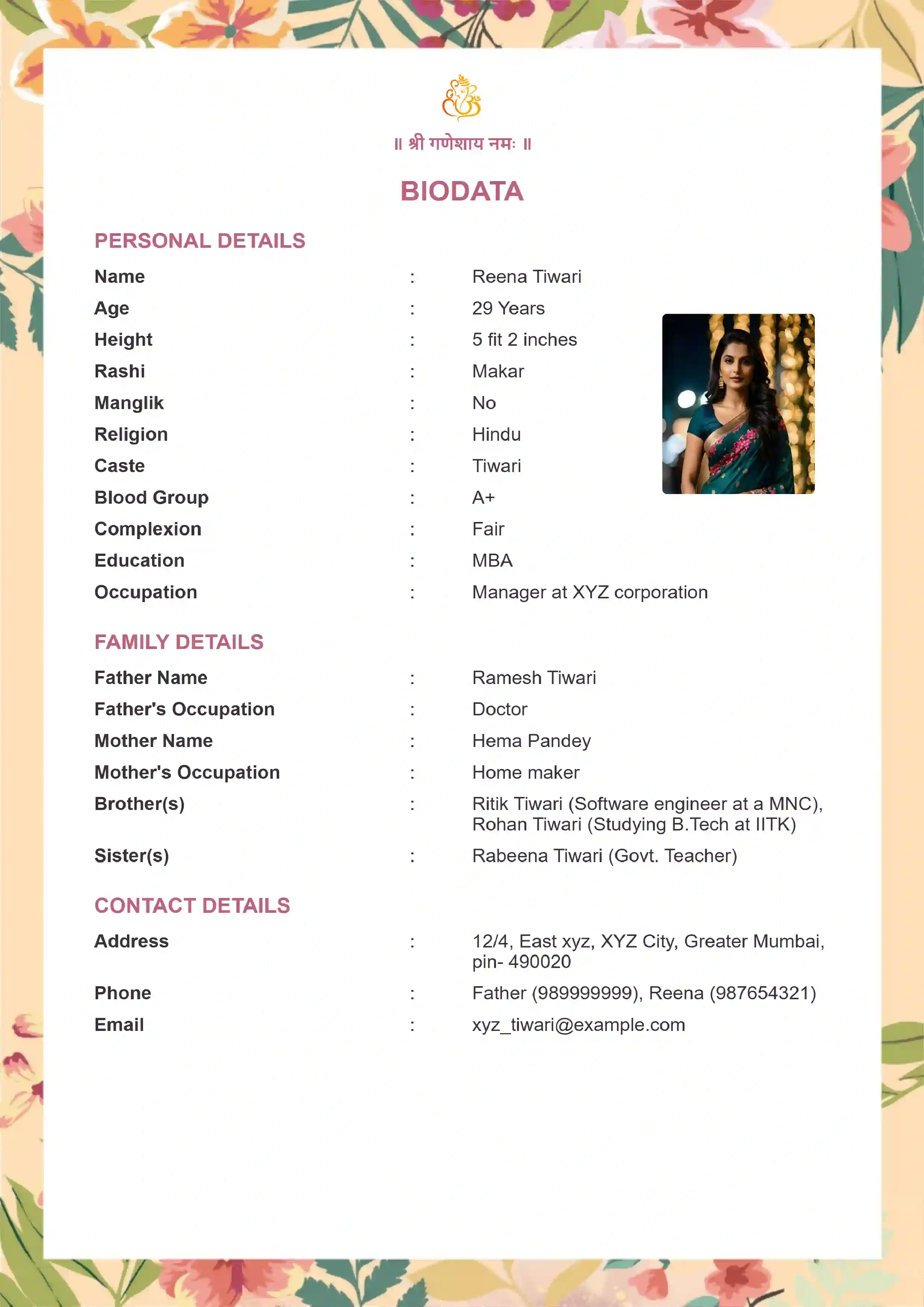 Modern Hindu Marriage Biodata Template with floral border