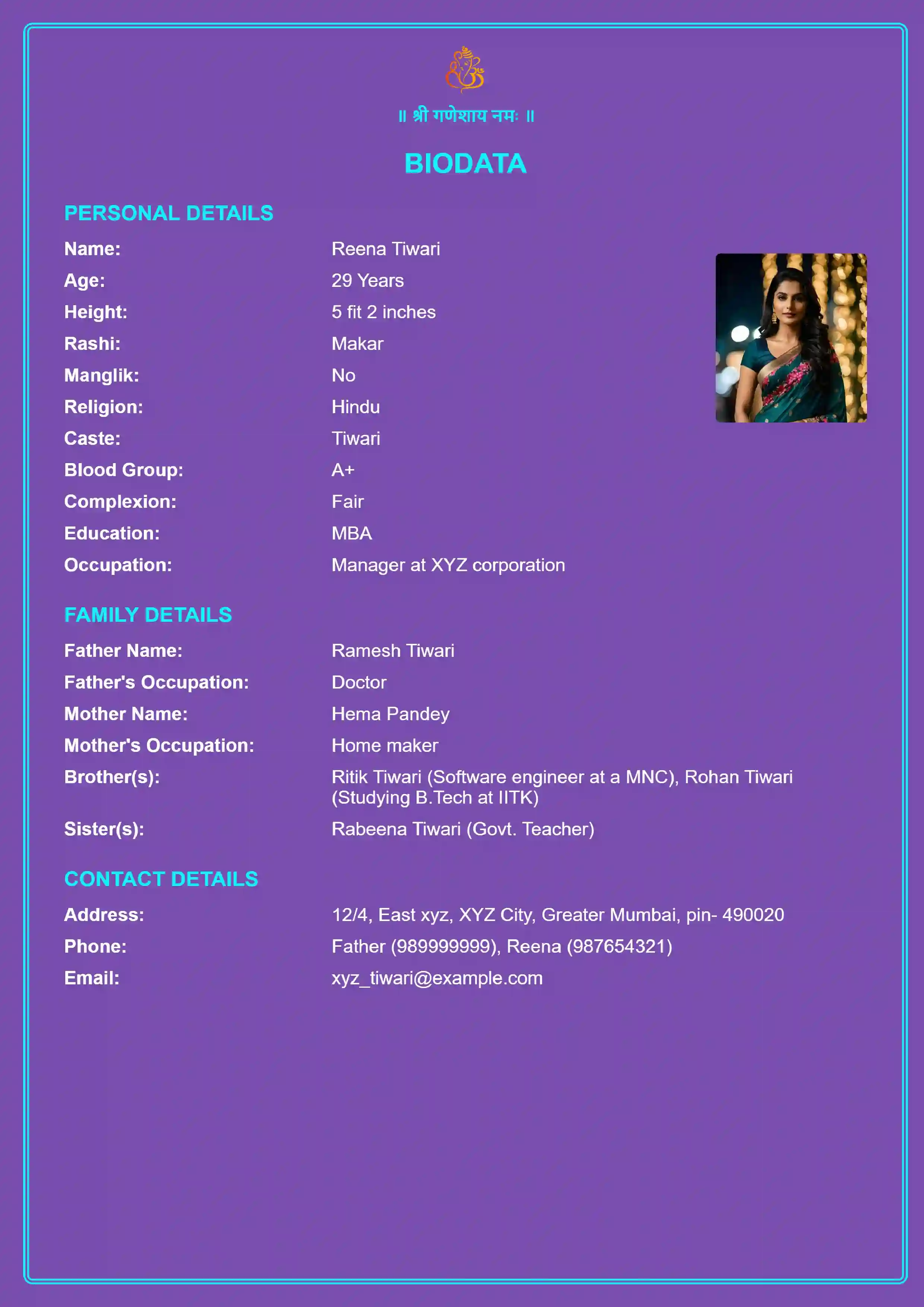 Professional Marriage Biodata Format for PDF Download